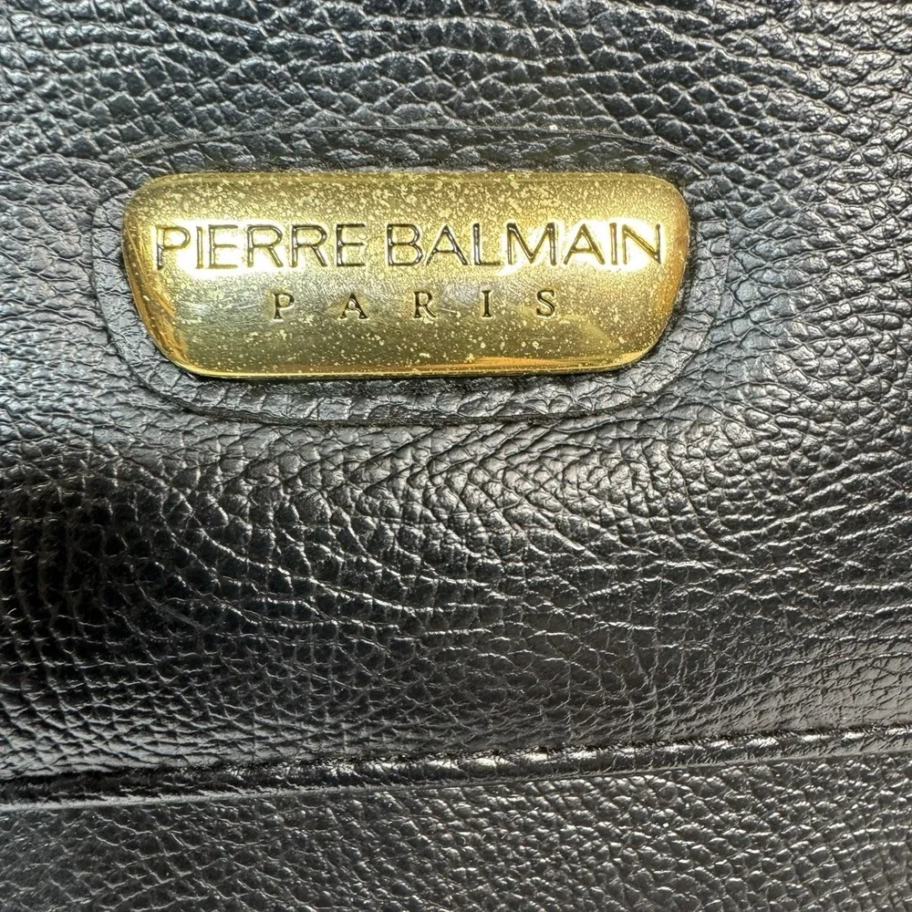 Pierre BALMAIN Paris Vintage Leather Briefcase Black Gold 80s Laptop Bag